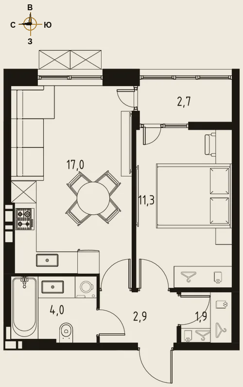 Планировка однокомнатная 38,5 м²