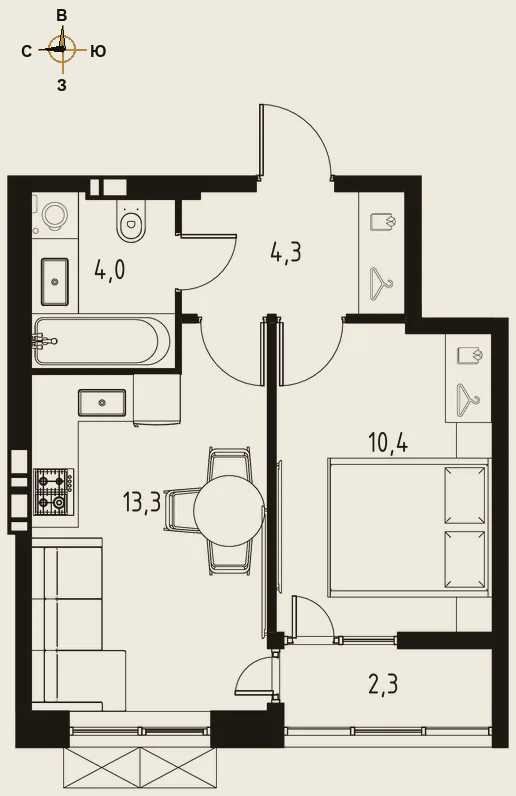 Планировка однокомнатная 33,2 м²