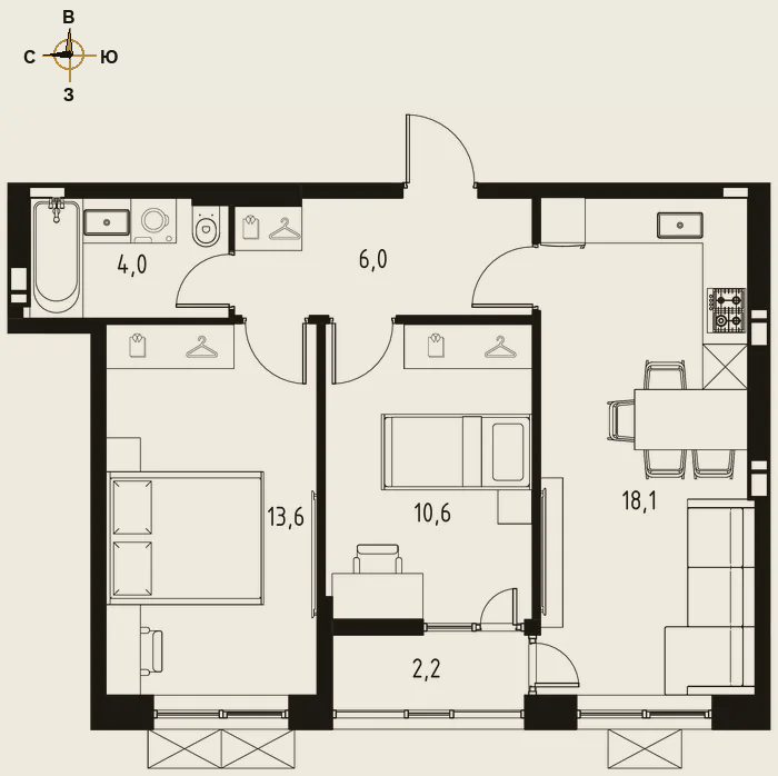 Планировка евротрёшка 53,4 м²