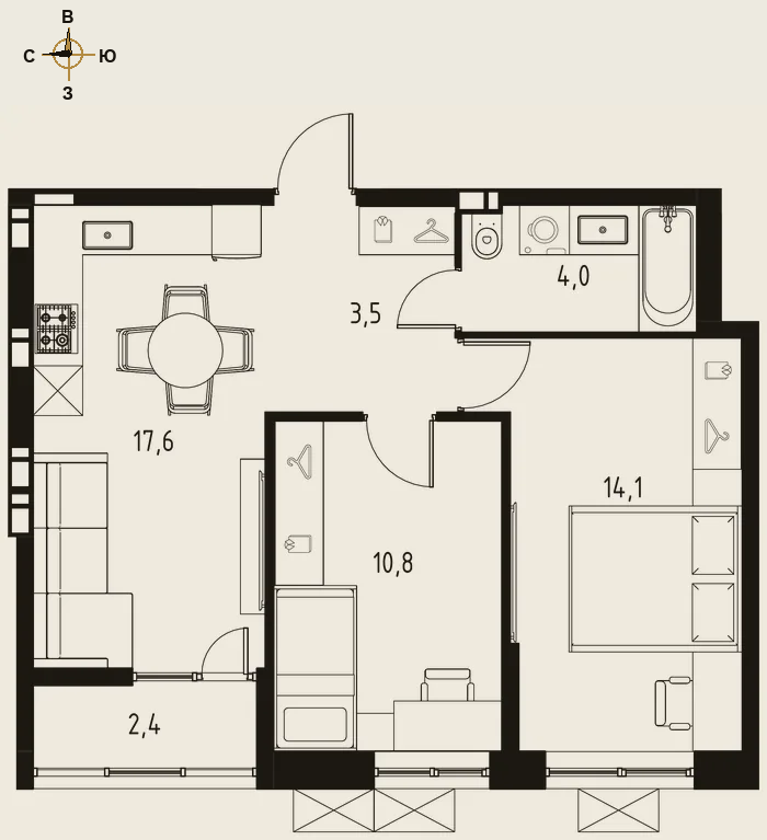 Планировка двухкомнатная 51,2 м²