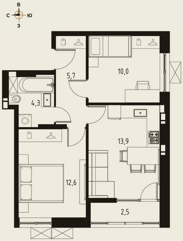 Планировка двухкомнатная 47,8 м²