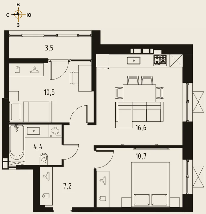 Планировка двухкомнатная 51,2 м²