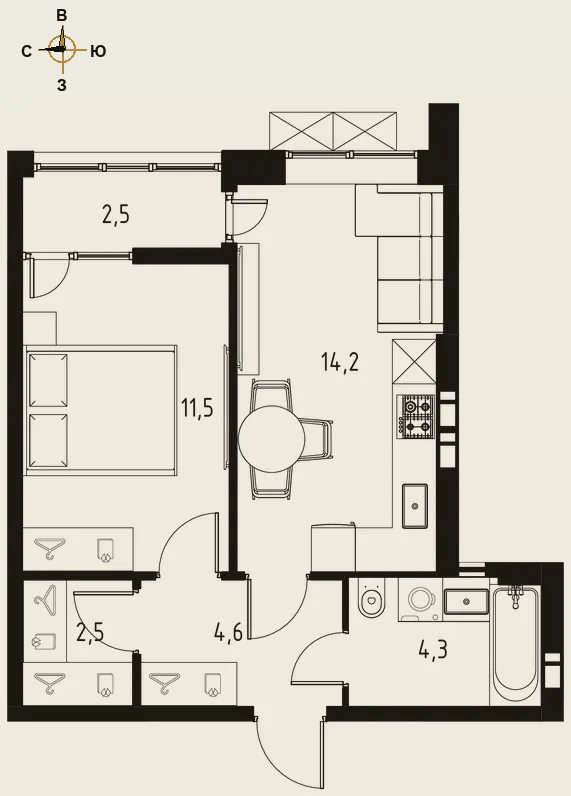 Планировка однокомнатная 38,4 м²