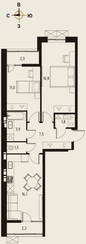 Планировка евротрёшка 61 м²