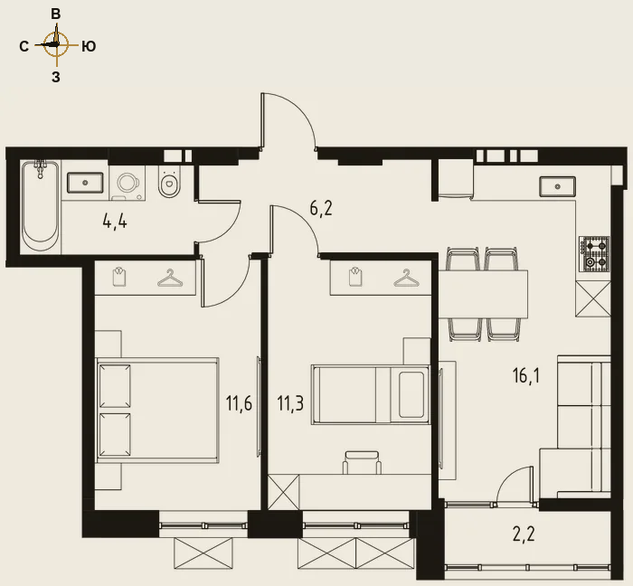 Планировка двухкомнатная 50,7 м²