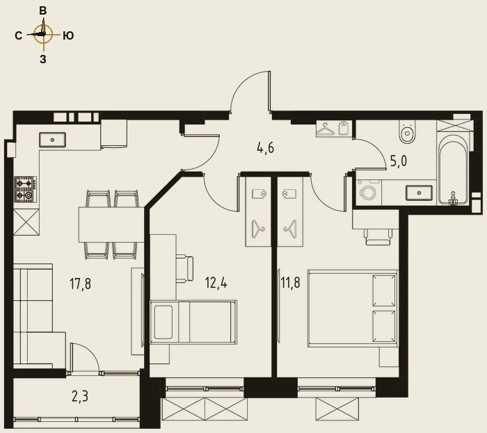 Планировка двухкомнатная 52,8 м²
