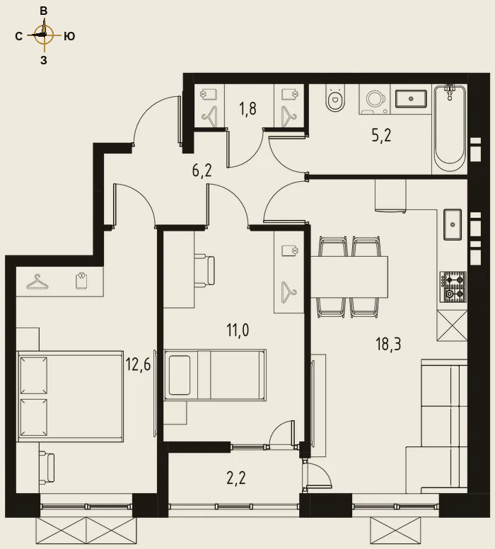 Планировка евротрёшка 56,2 м²