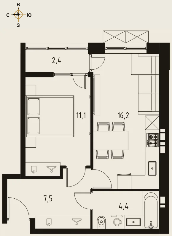 Планировка однокомнатная 40,4 м²