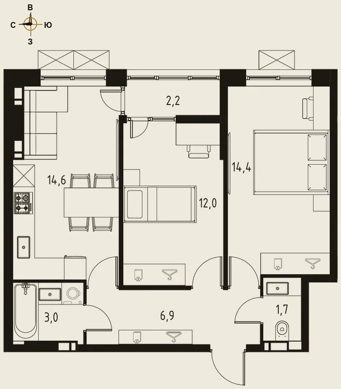 Планировка двухкомнатная 53,7 м²